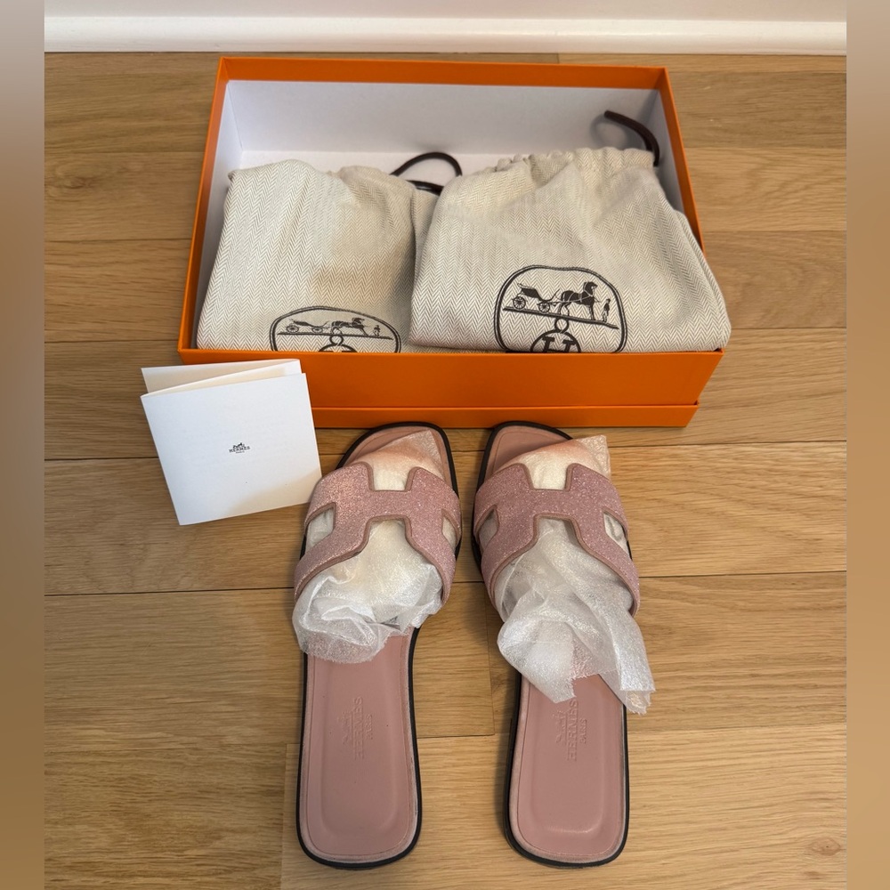 Hermès Rare Pink Crystal Oran Sandals w/ Box